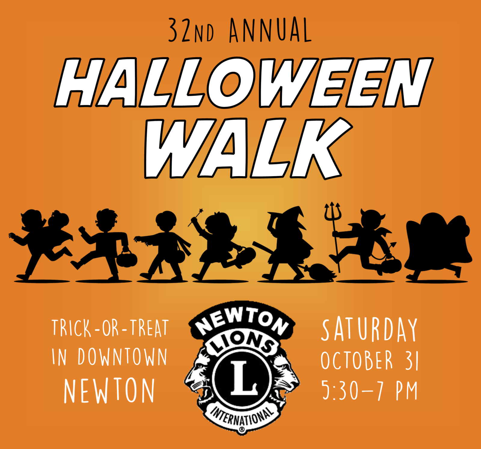 32nd annual Halloween Walk, Saturday, Oct. 31 5:30-7 pm. Trick-or-treating in downtown Newton